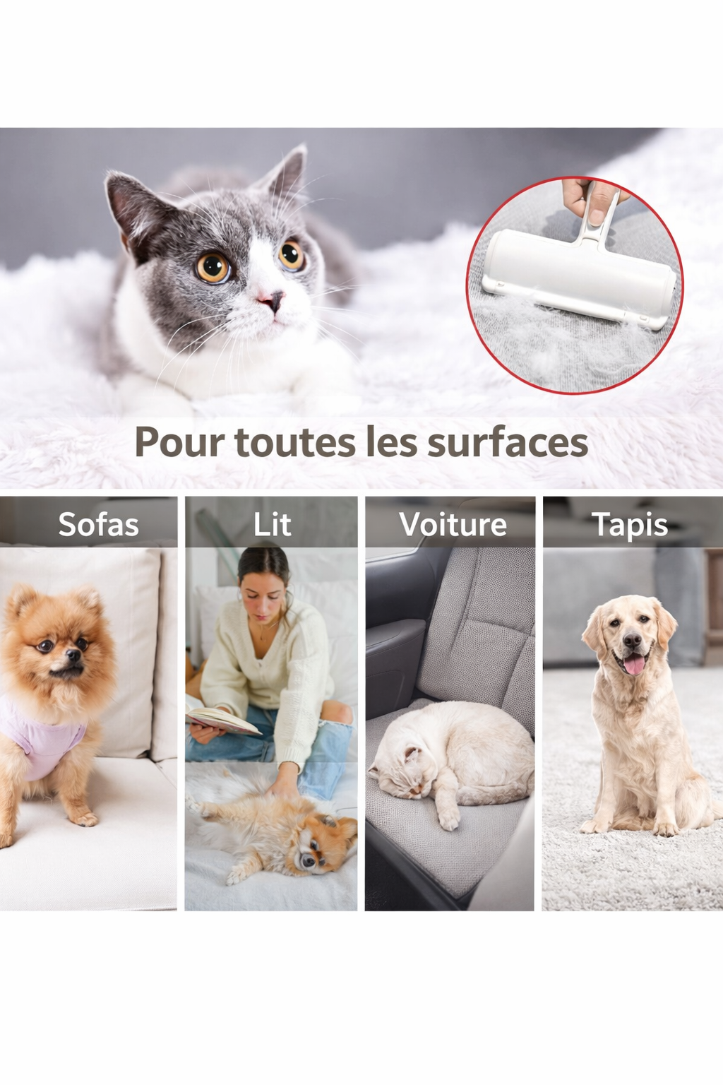 Rouleau Anti-Poils Réutilisable – Enlève Instantanément les Poils de Chien & Chat