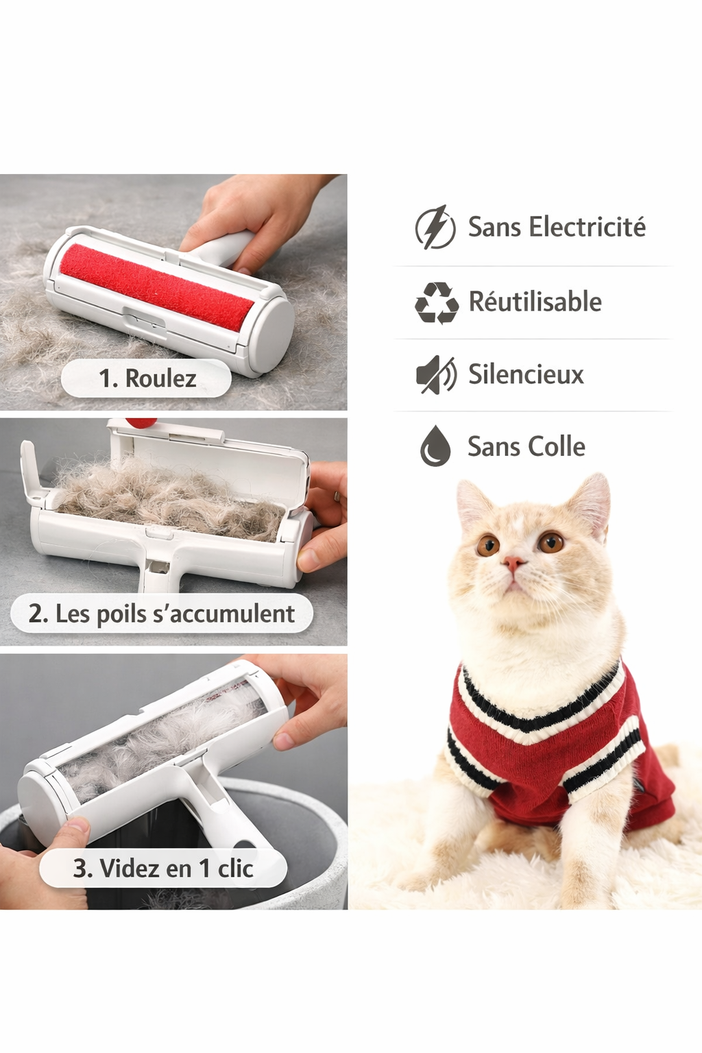 Rouleau Anti-Poils Réutilisable – Enlève Instantanément les Poils de Chien & Chat